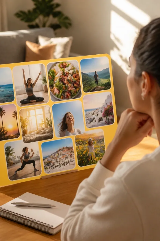 Sunny yellow background with rounded frames and small icons