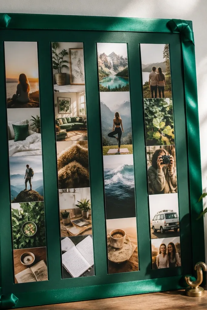 Emerald green ribbon border with vertical strips of photos