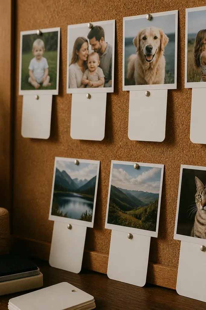 Corkboard with pinned printed tags and small handwritten-style captions