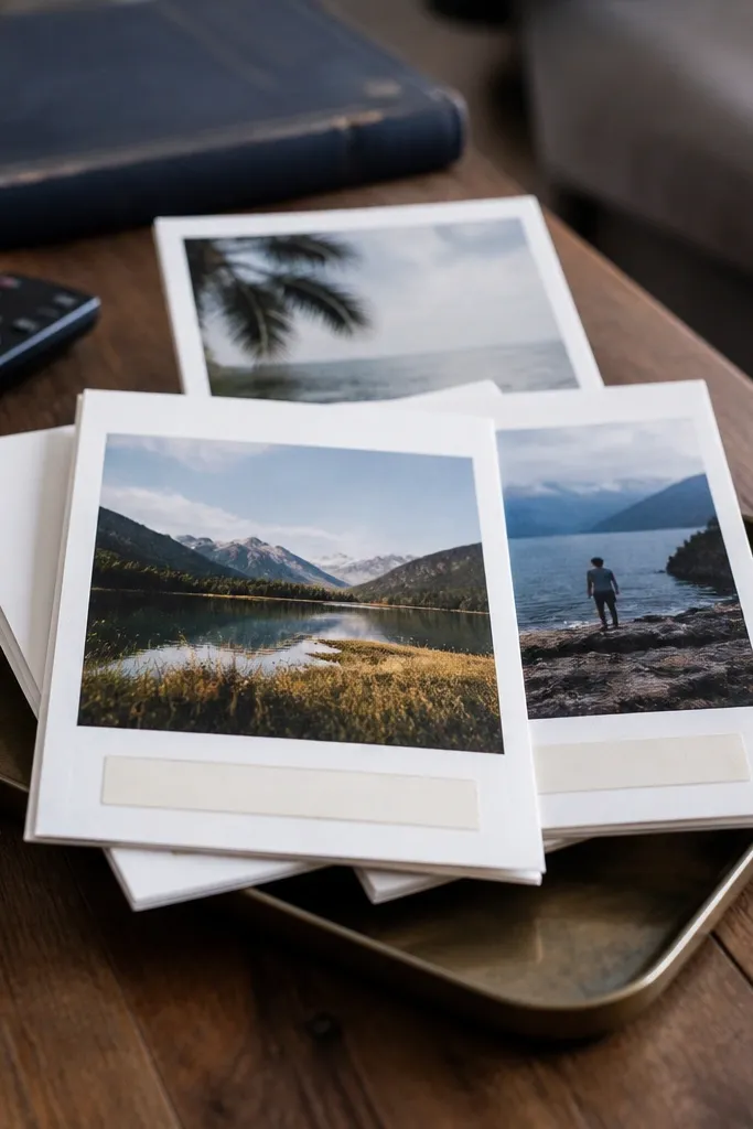 Polaroid-style stacked photos with thick white margins and small captions