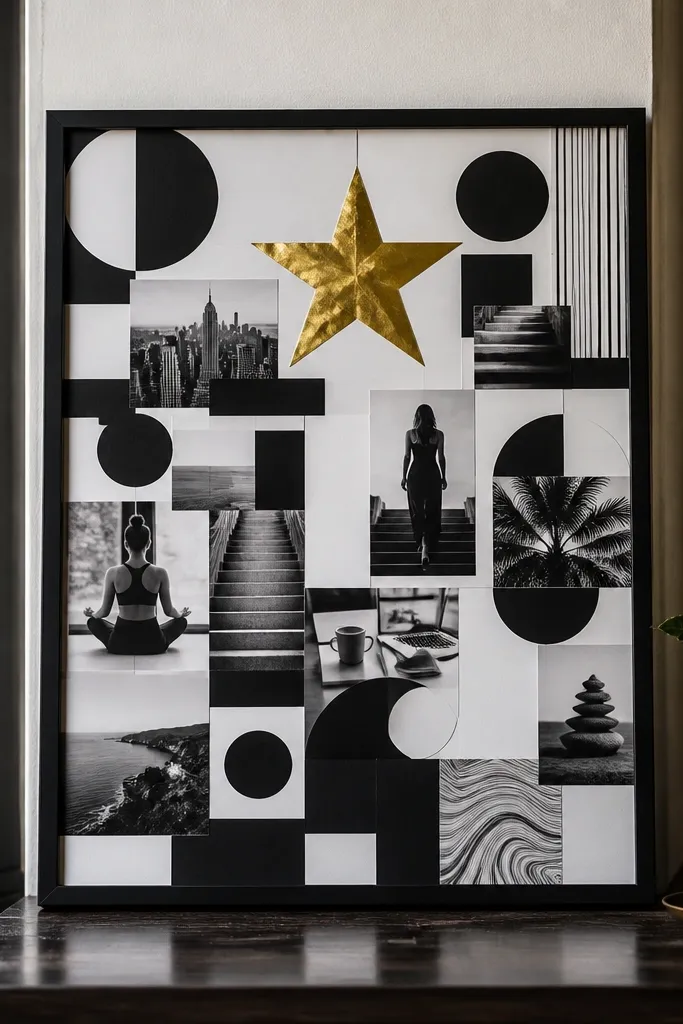 Monochrome collage with geometric shapes and one gold star accent