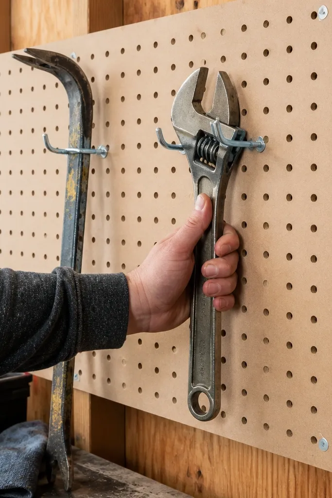 Off-white pegboard screwed to studs with black hooks holding hand tools