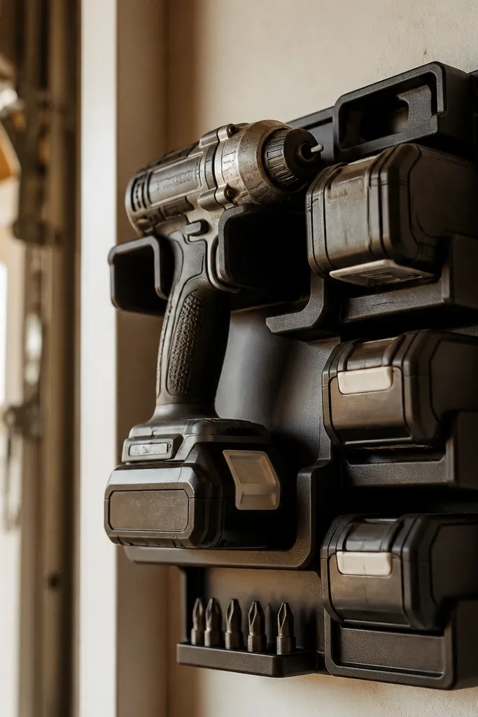 Wall-mounted wooden rack with vertical slots holding cordless drills and batteries