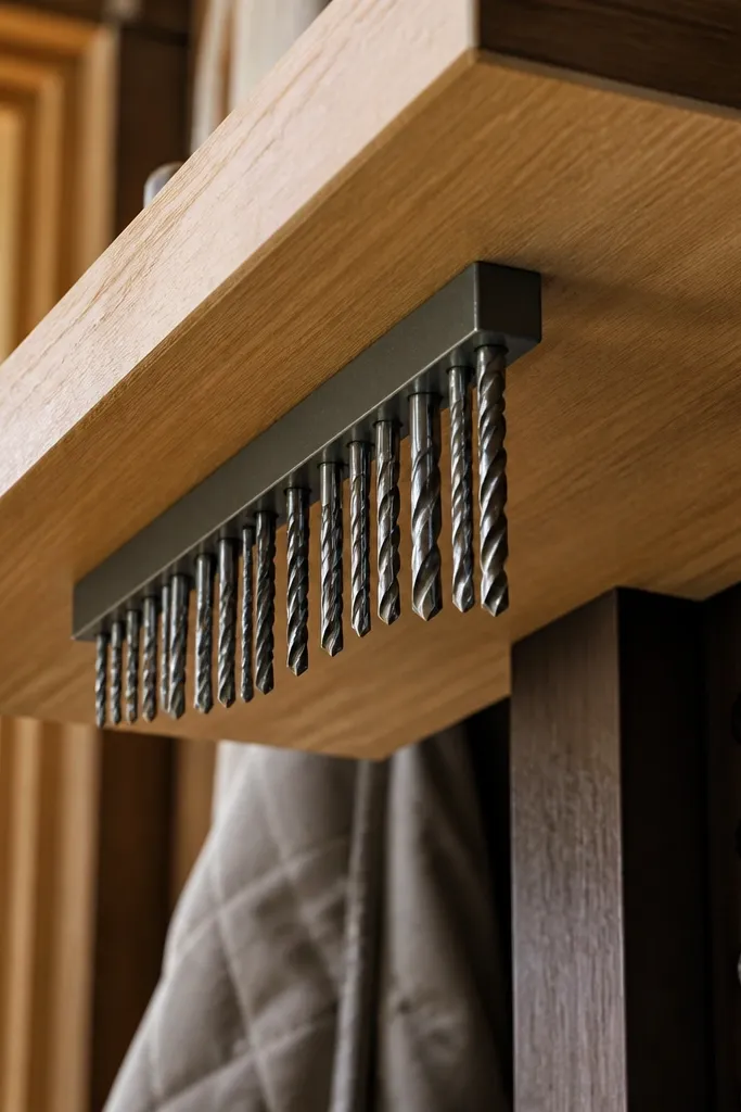 Magnetic strip mounted under a garage shelf holding small drill bits