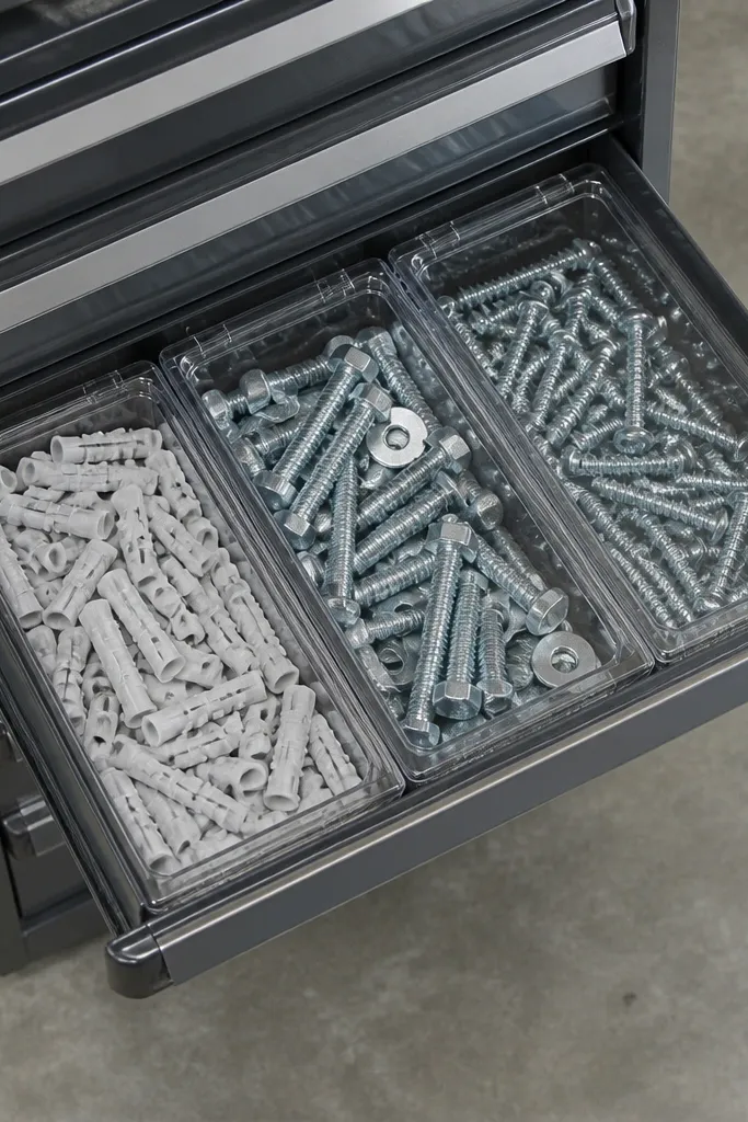 Small clear-lid bins inside a garage drawer holding screws, bolts, and washers