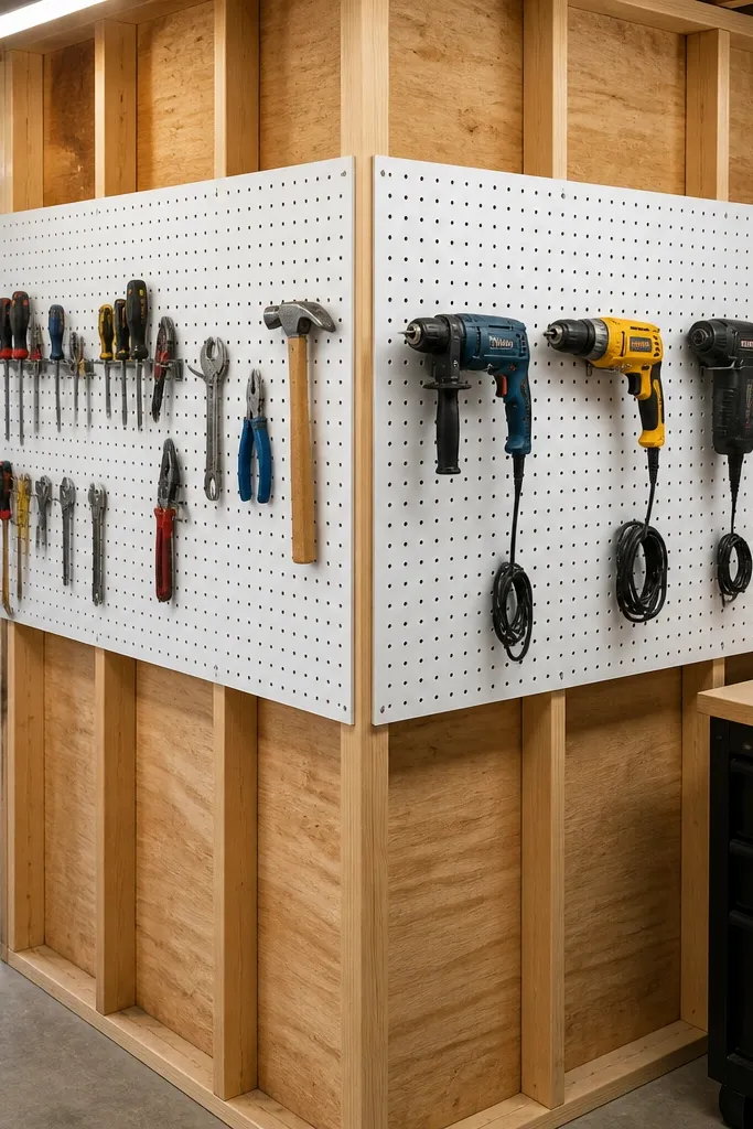 Pegboard installed on two adjoining walls forming a right angle with tools hung by category