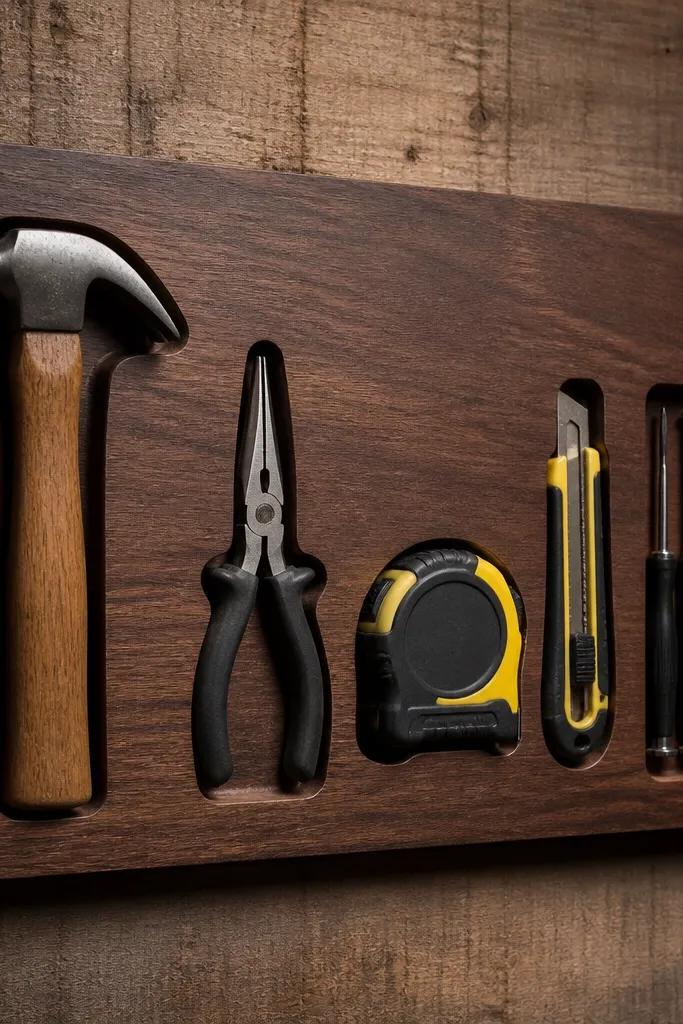 Wooden board with cut outlines and pegs holding a hammer, pliers, and screwdrivers