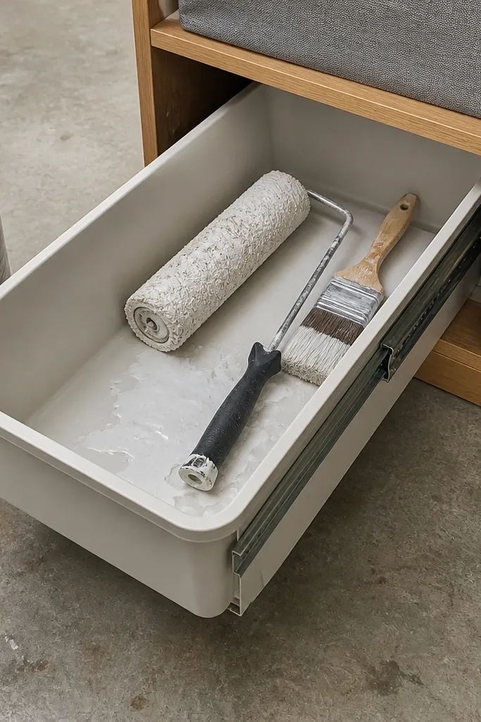 Small pull-out bin on a garage shelf holding paint brushes and roller frames