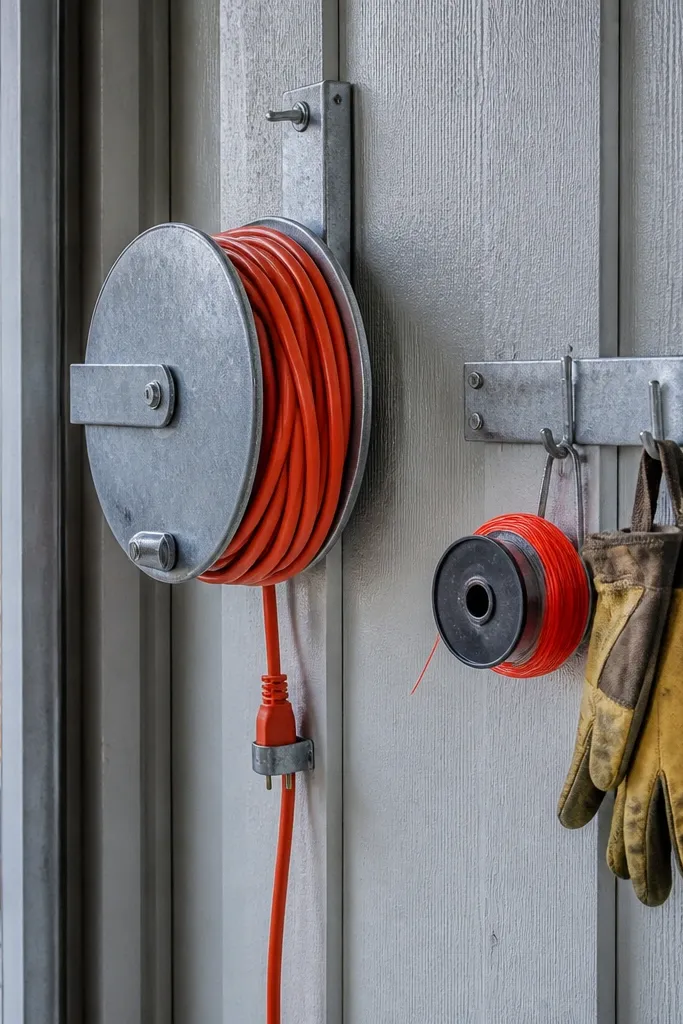 Cord reel and hooks mounted on a wall beside a small garage work area