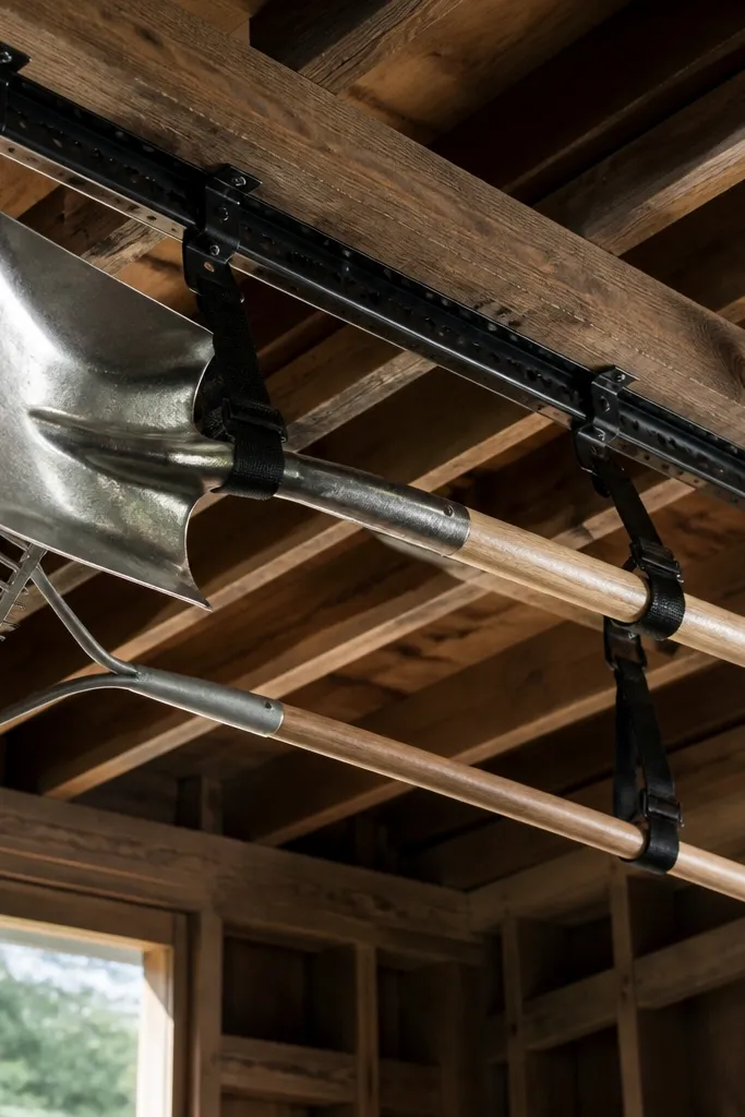 Overhead metal rail with straps holding a shovel and long-handled tools