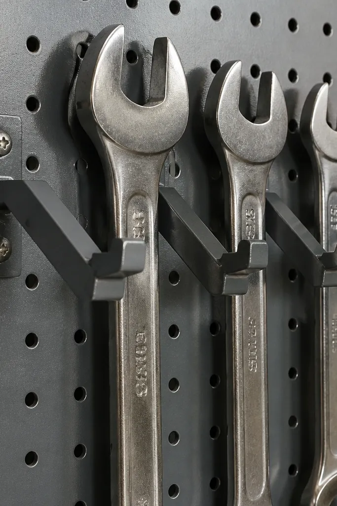 Pegboard wrench rack with angled metal arms holding wrenches in size order