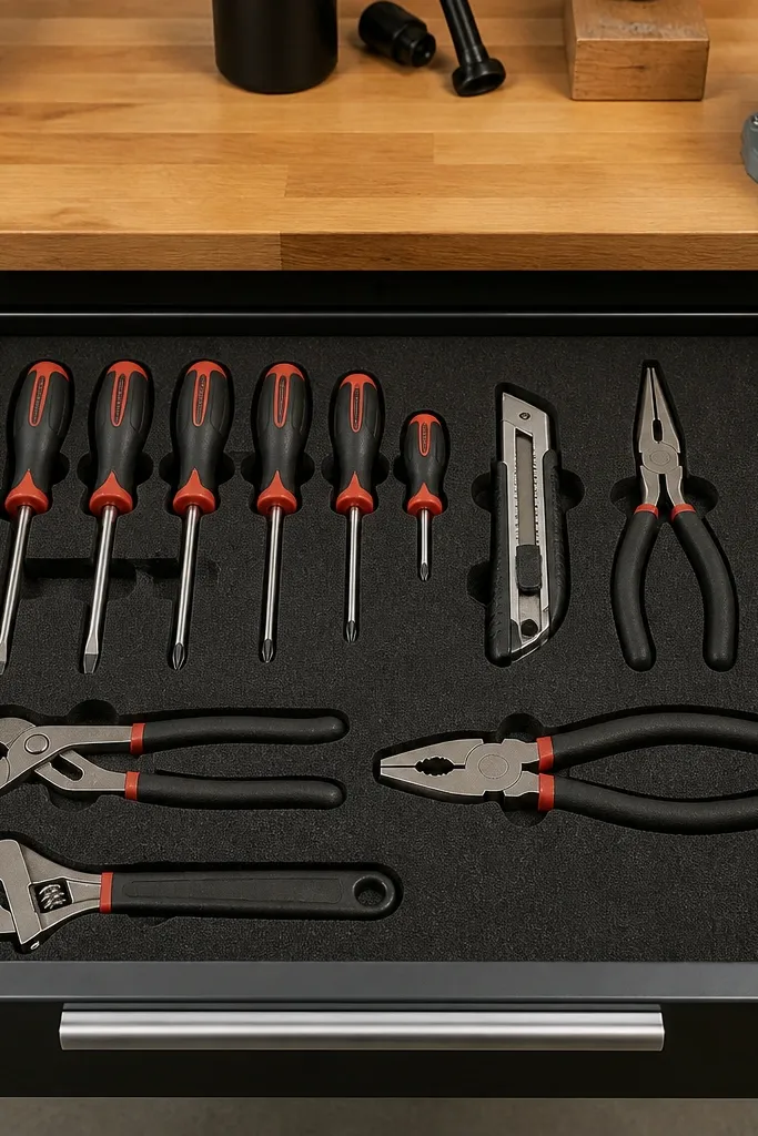 Toolbox drawer with cut foam inserts holding screwdrivers, pliers, and small tools