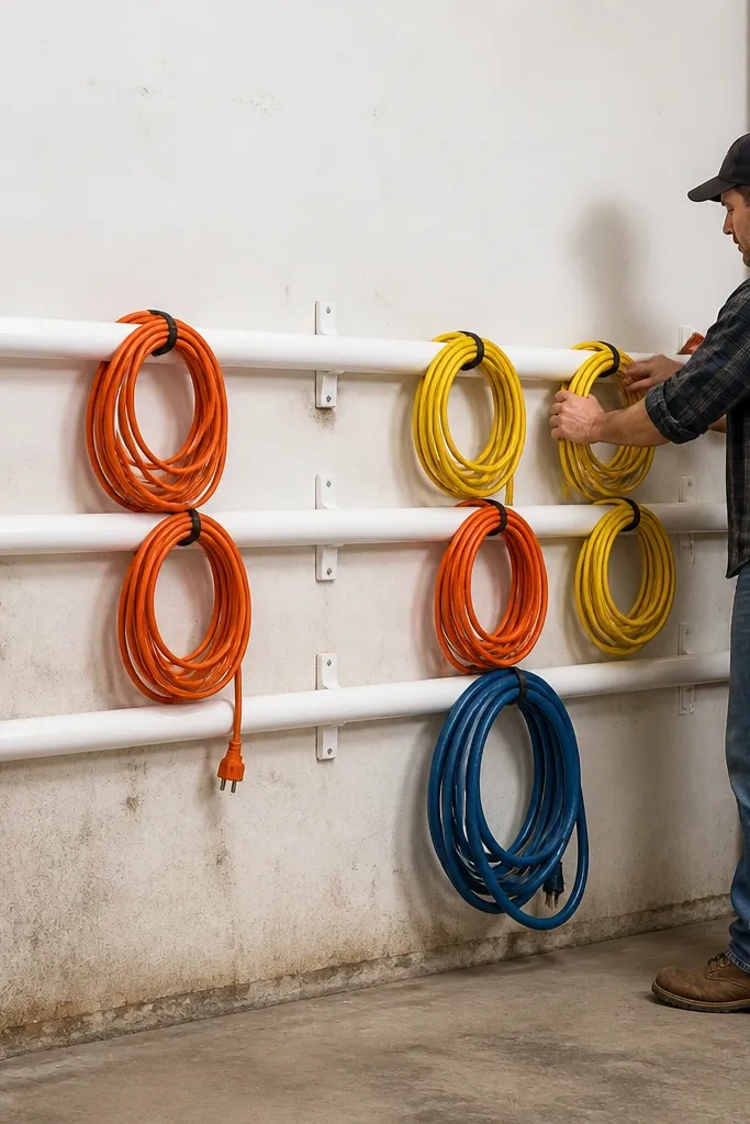 White PVC rails mounted to a wall holding coiled extension cords and an air hose