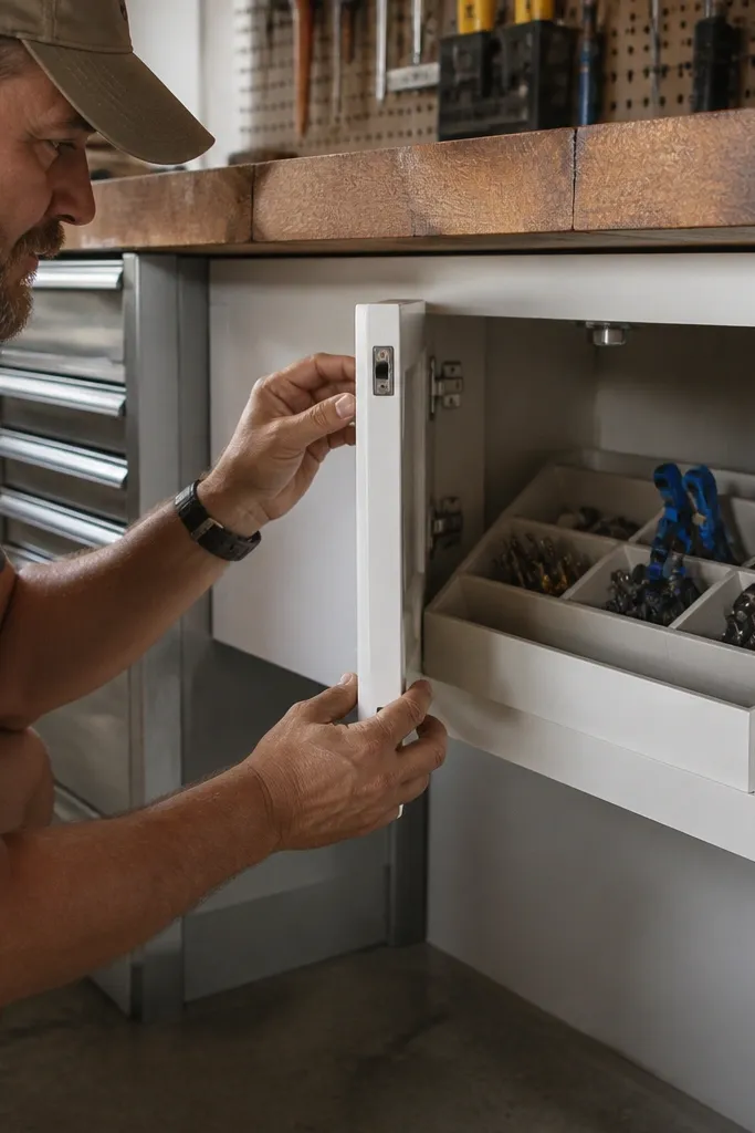 Small wall cabinet under a shelf with magnetic latch and compartments for hand tools