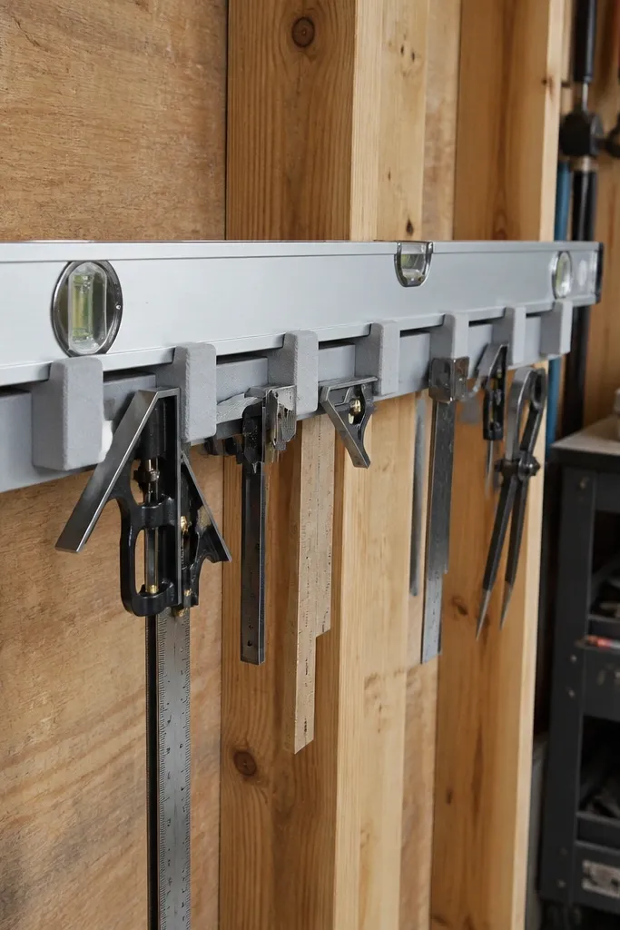 Measuring tape and levels stored on wall rack with spring clips and foam stops