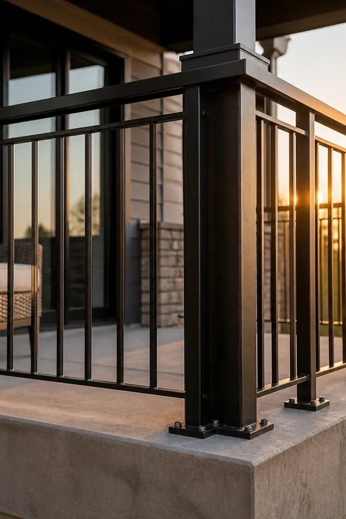 Black metal balcony rail with vertical posts and a smooth top bar