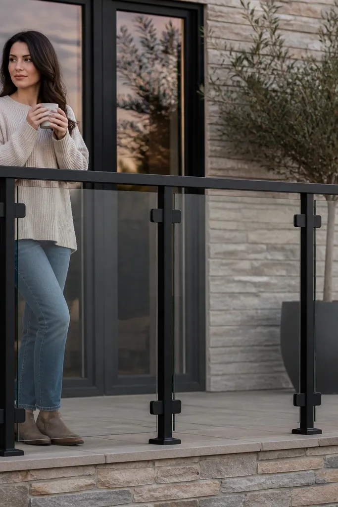 Black metal balcony posts holding clear glass panels between them
