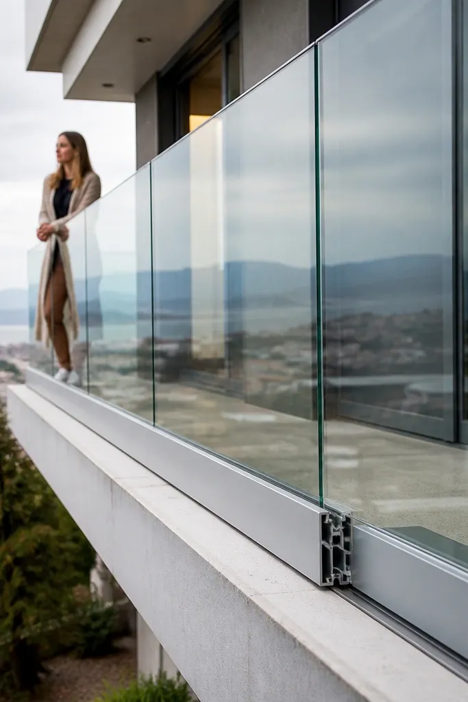 Clear glass panels mounted in a metal bottom channel along a balcony edge