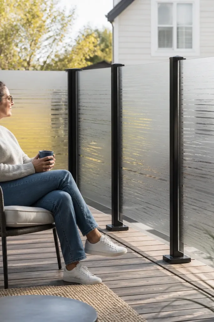 Clear glass balcony panels with a tinted privacy film between black posts