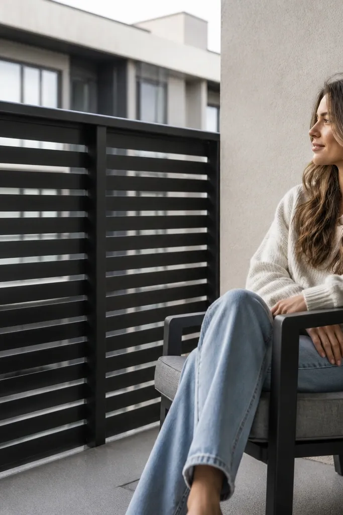 Powder-coated metal balcony rail with angled privacy slats