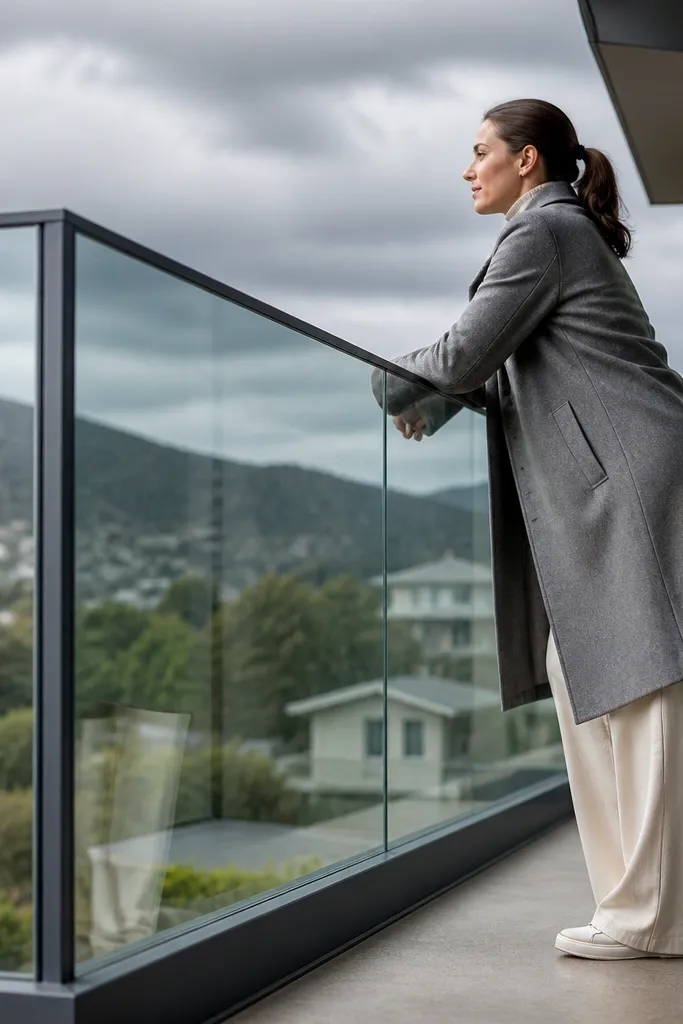 Clear glass panels held in a slim steel U-channel frame