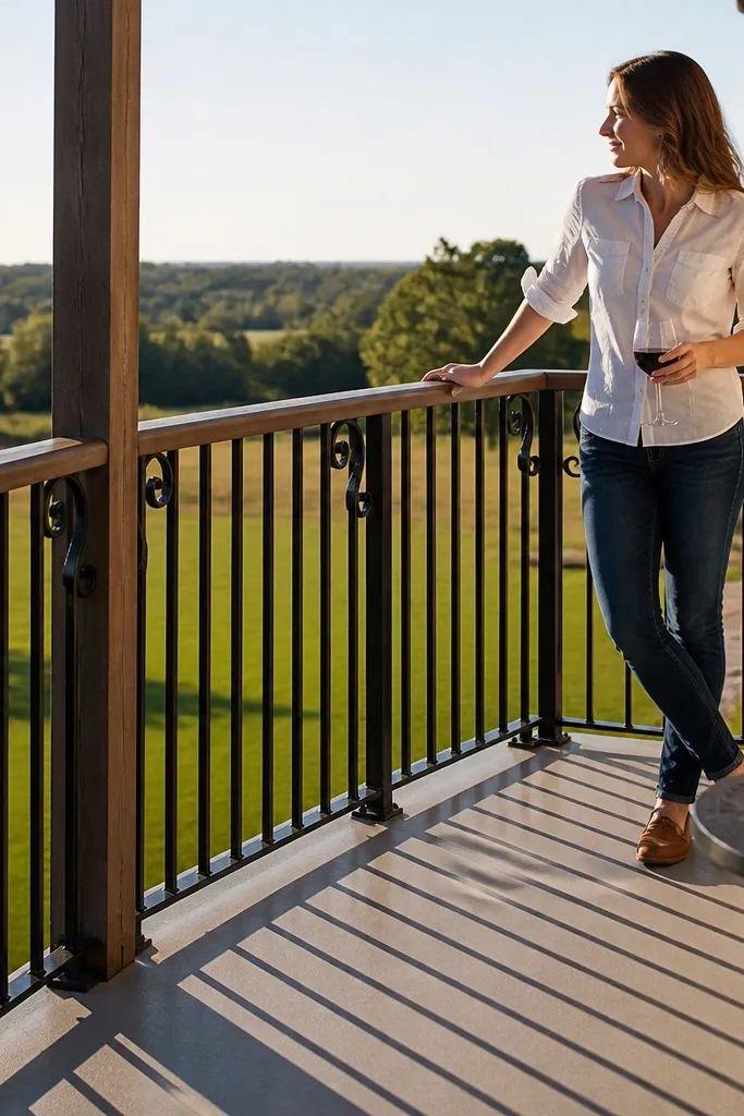 Black steel balcony rail with decorative brackets and a simple top rail