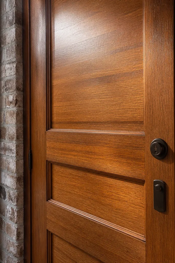 Warm teak door with shallow recessed panels and a satin sheen