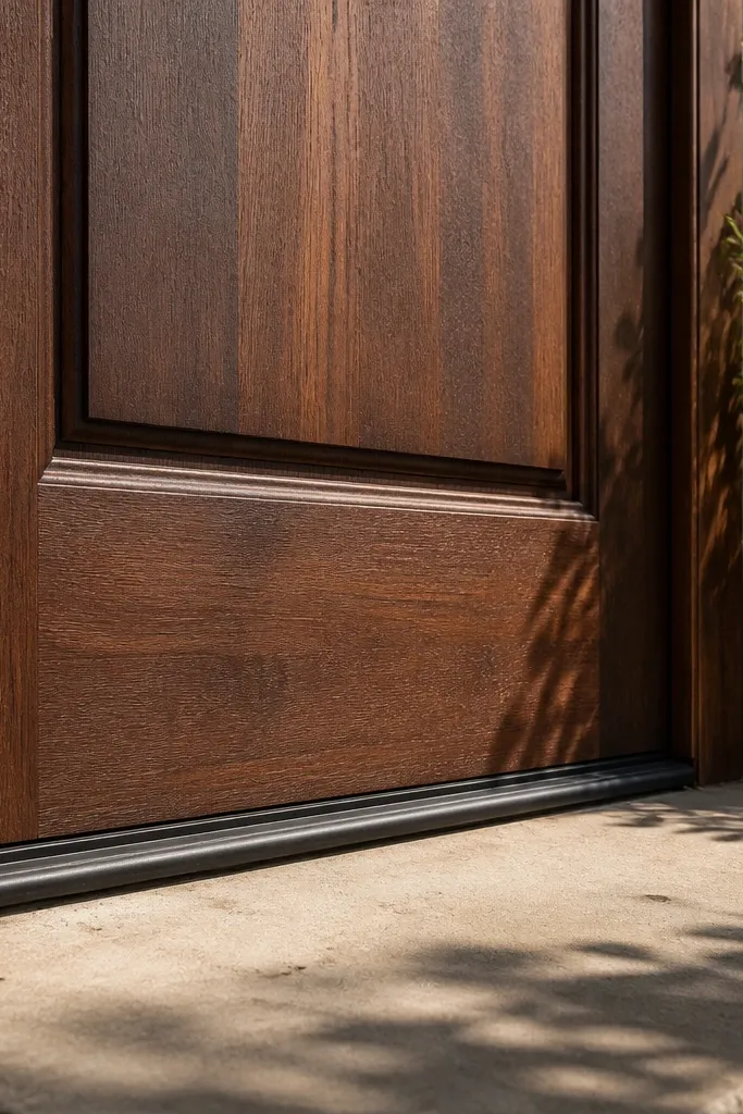 Dark brown teak door with recessed panels and a matte finish