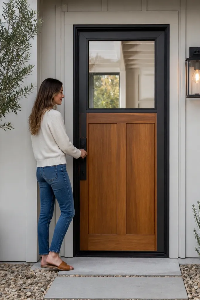 Teak door with a glass upper section framed in black metal