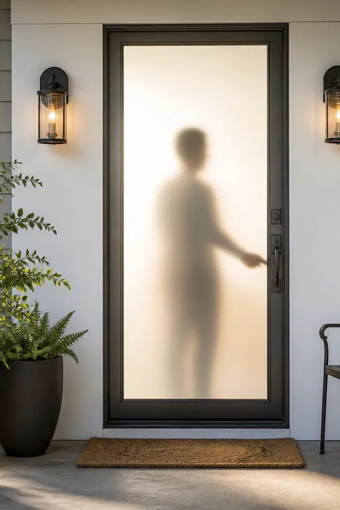 Clear glass door covered with satin privacy film for partial privacy