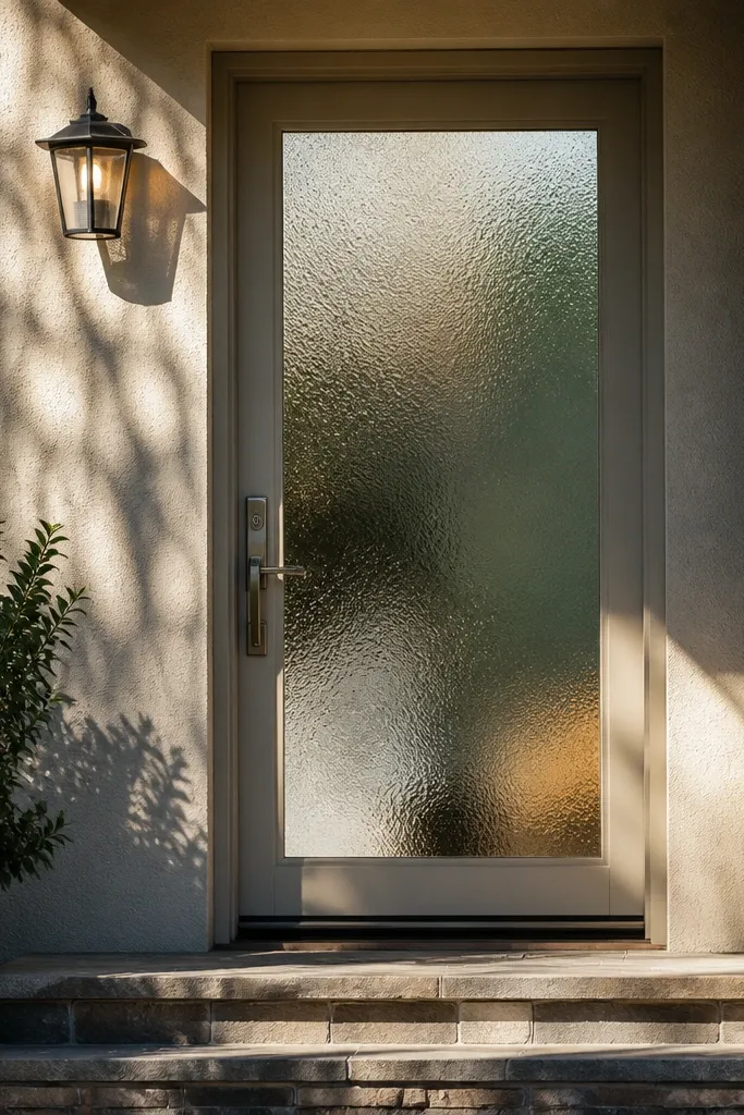 White frosted textured glass main door with a soft, diffused look