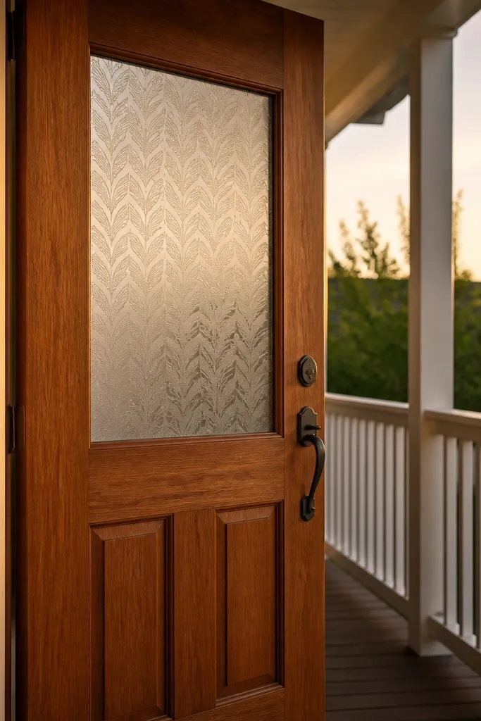 Teak door with etched glass a simple pattern panel