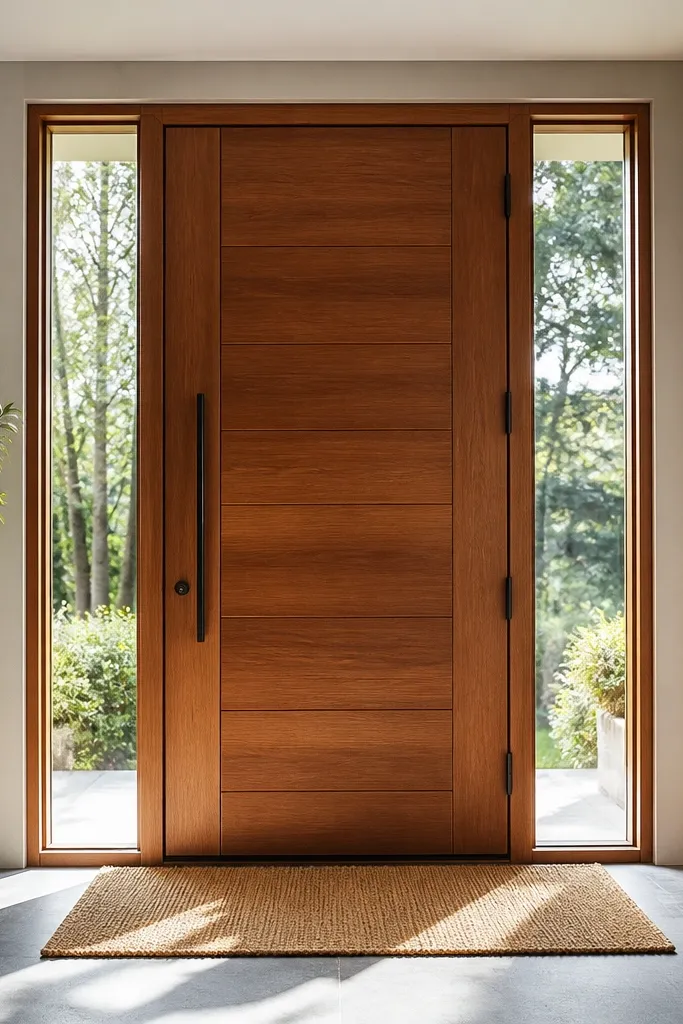 Teak main door with narrow clear glass sidelights