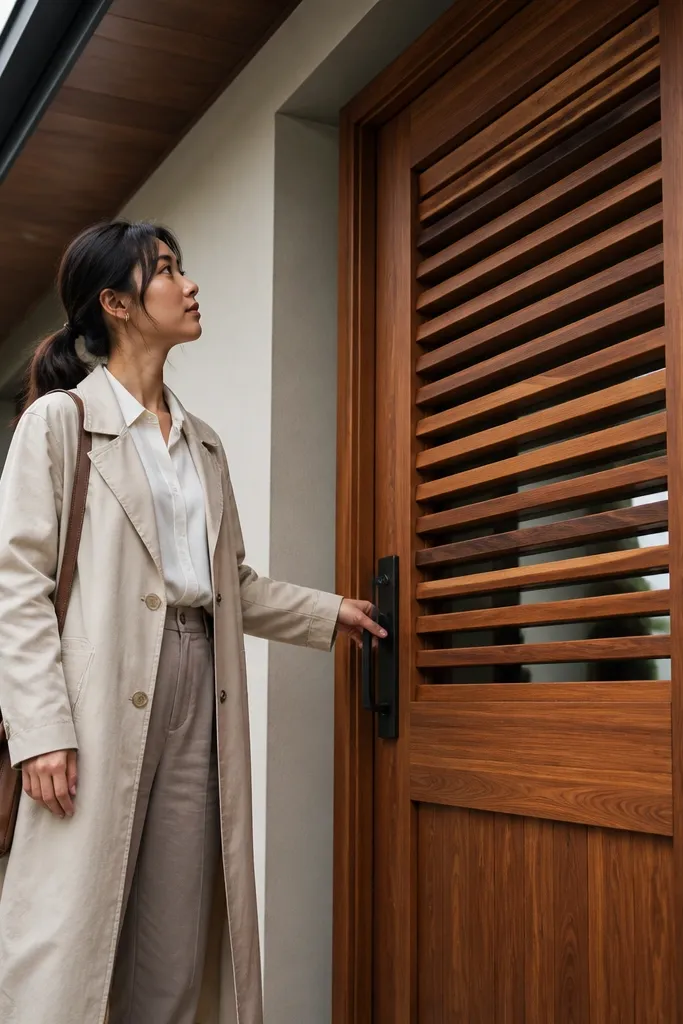 Teak door with a horizontal slat glass or window panel