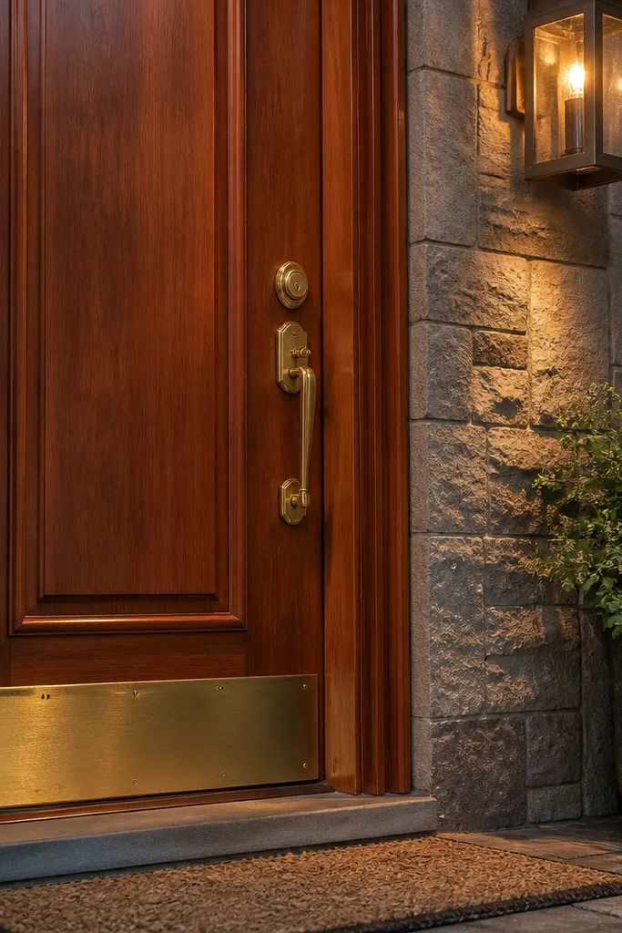 Teak door with brass kick plate and brass handle set
