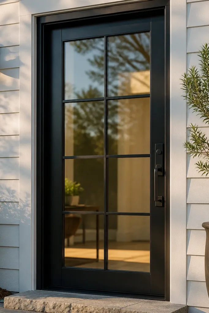 Glass main door with black grid muntin lines across the pane