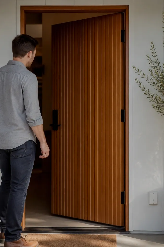 Teak door with vertical slat panels and a smooth matte finish