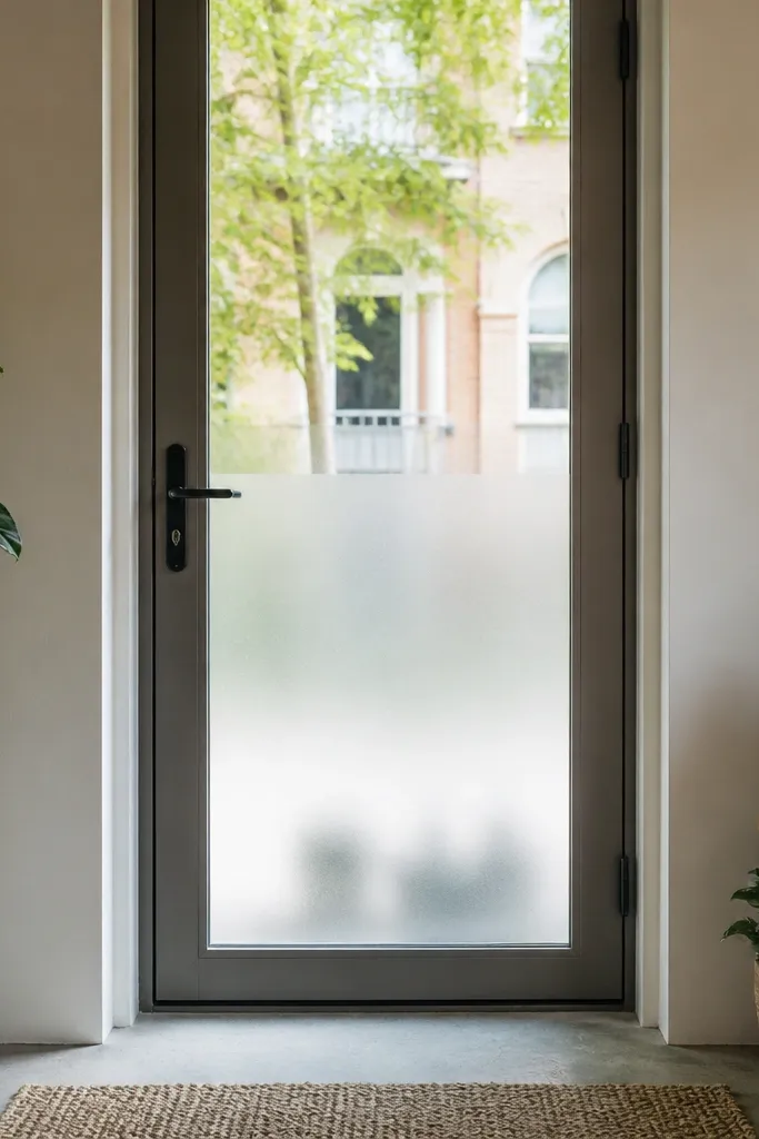 Clear glass door with frosted lower half and clear upper half