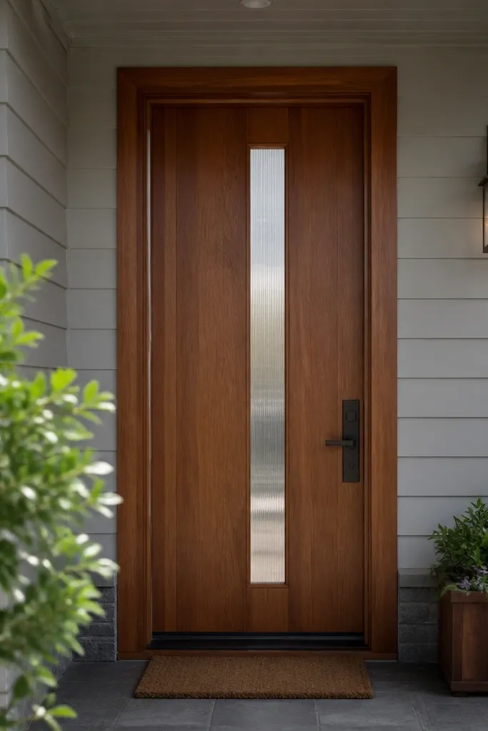 Teak door with a narrow vertical glass strip panel