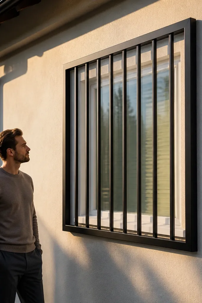 Window grill with evenly spaced vertical bars in a flat rectangular frame