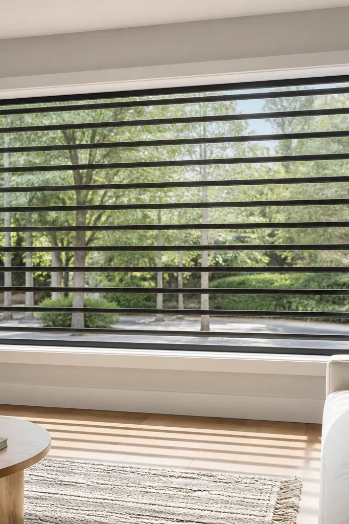 Window grill with thin horizontal slats across a rectangular frame