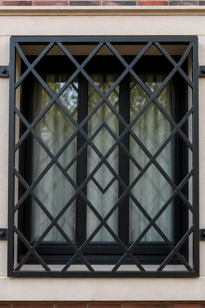 Window grill with a diamond pattern made from crossed flat bars