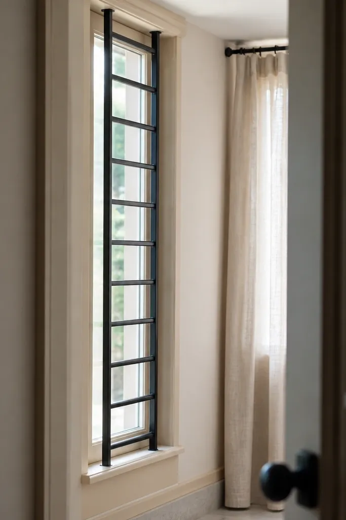 Window grill with two vertical rails and evenly spaced horizontal rungs