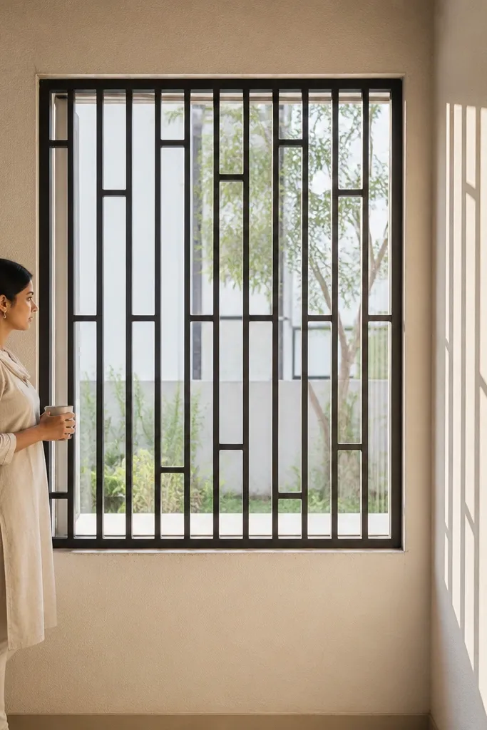 Window grill with flat-bar frame and staggered infill bars