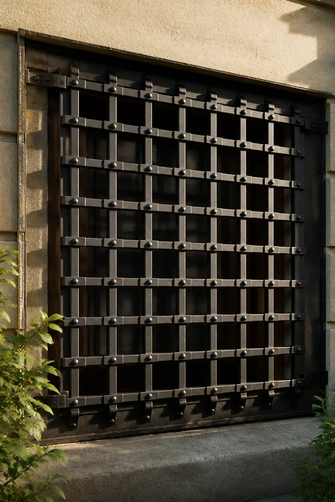 Window grill with a denser lattice of crosspieces forming small squares