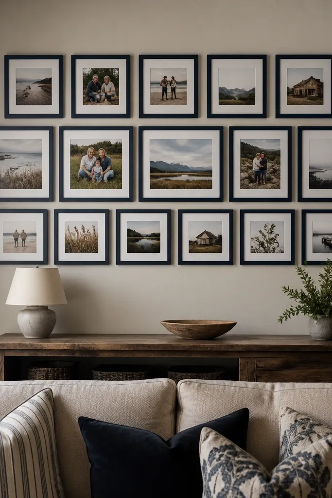 A wall band of photos in three rows using matching frames