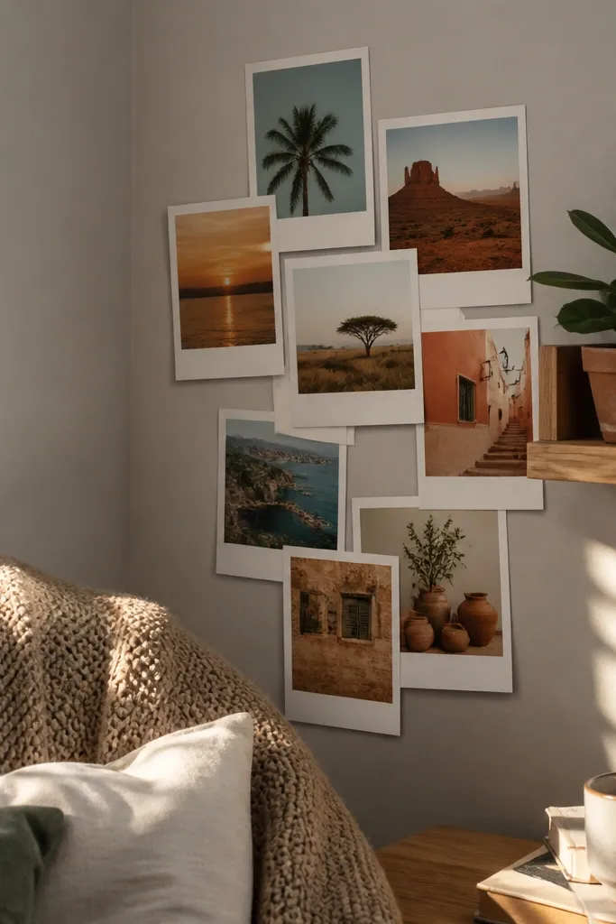 Overlapping polaroid-style photos clustered in one corner on a wall