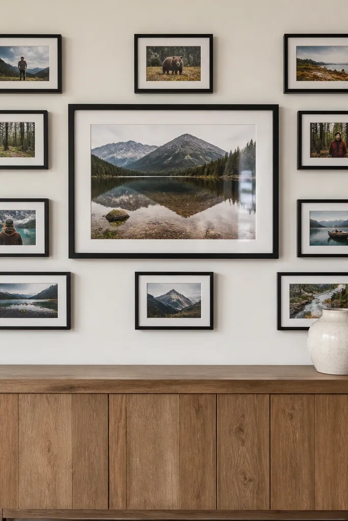 Nine frames on a wall with one larger frame centered