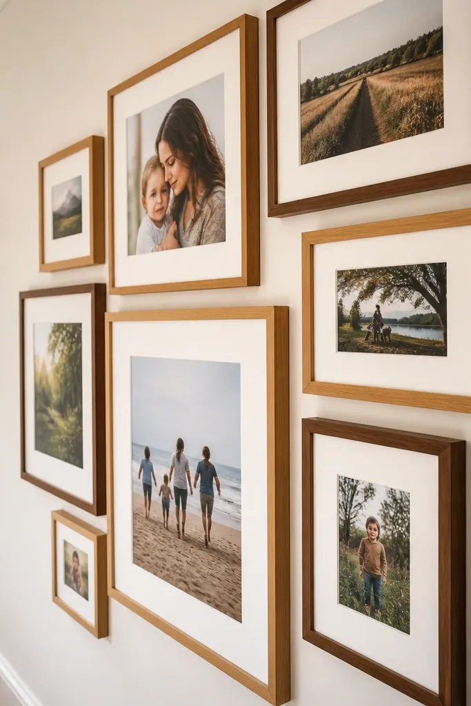 Mixed wood frames with the same white mat around each