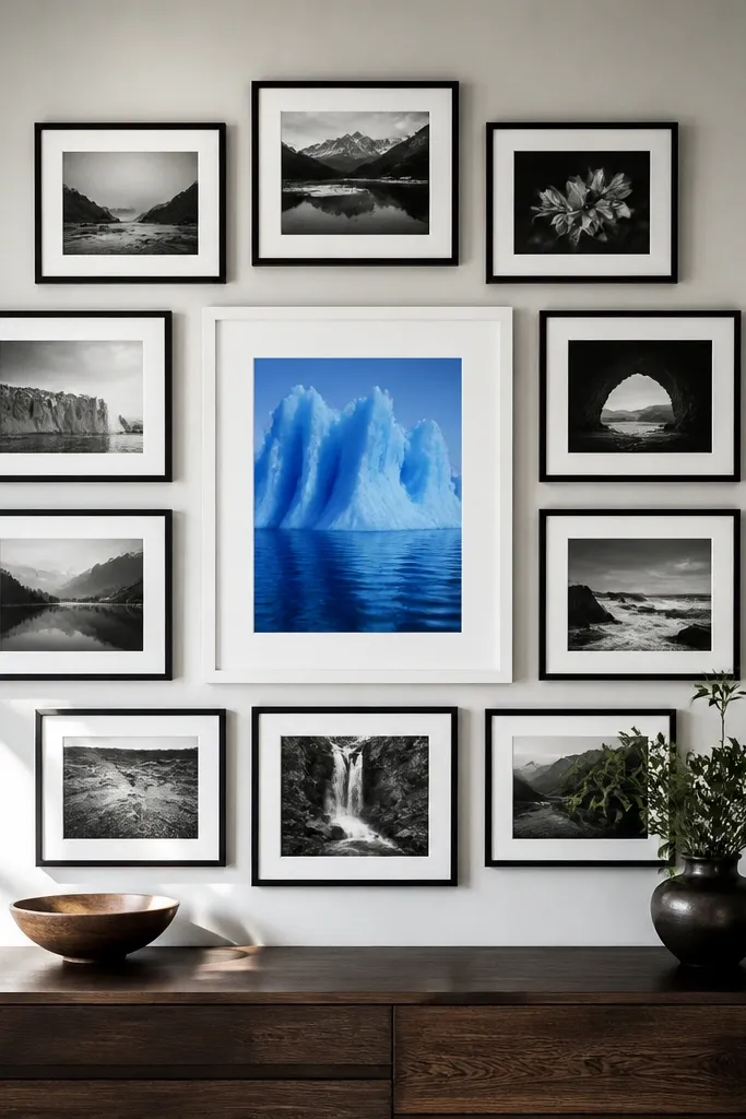 Most photos are black-and-white with one bright color in the middle